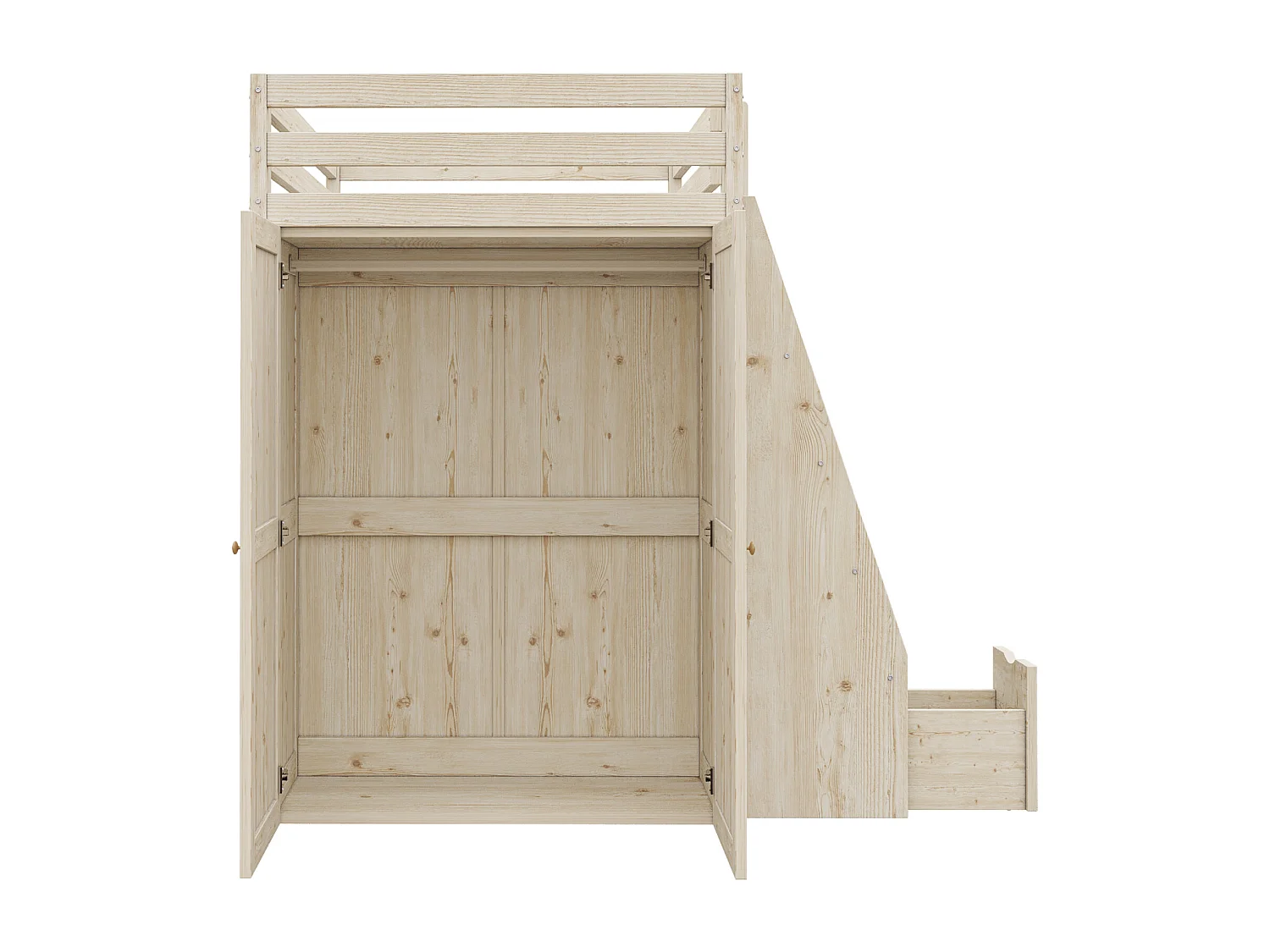 Hochbett aus Holz 90 x 200 cm – mit Kleiderschrank und Schublade – Natur