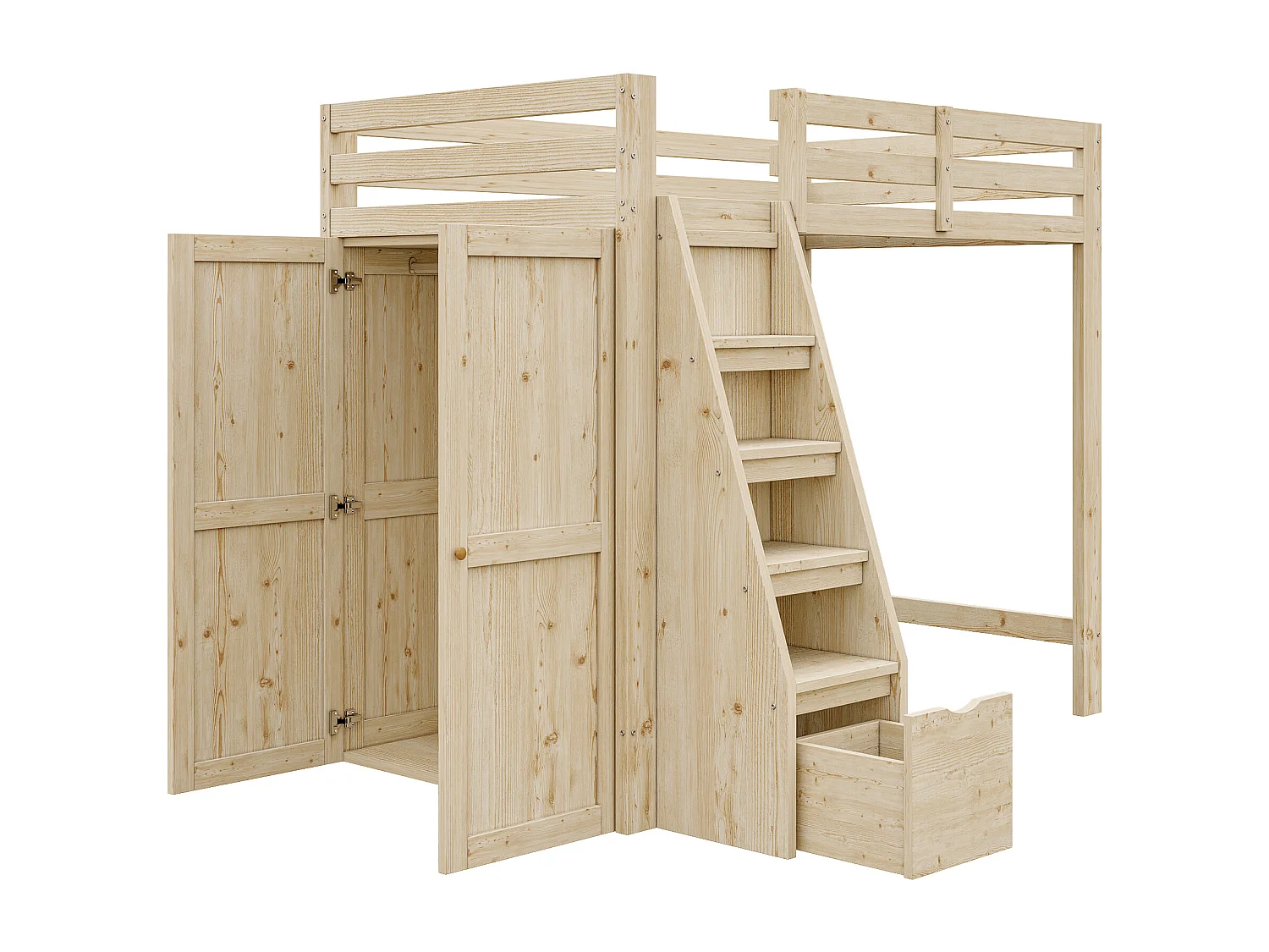 Hochbett aus Holz 90 x 200 cm – mit Kleiderschrank und Schublade – Natur