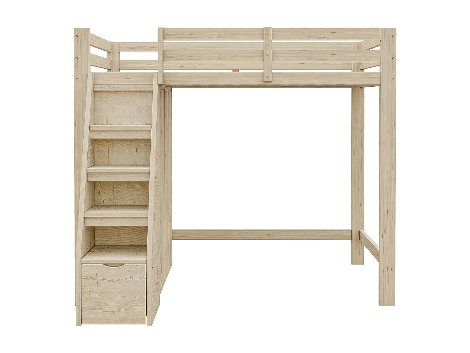 Hochbett aus Holz 90 x 200 cm – mit Kleiderschrank und Schublade – Natur