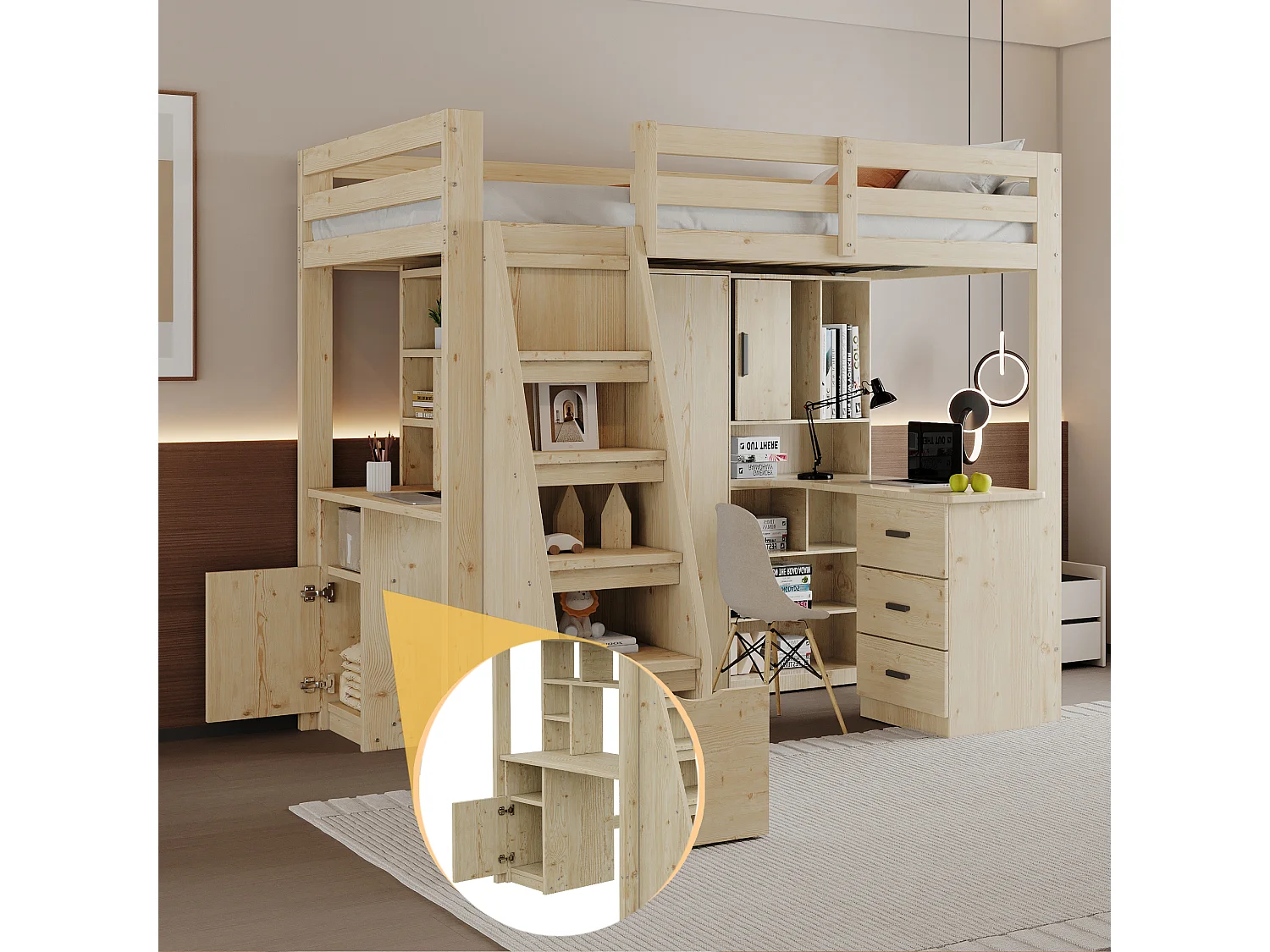 Cama entrepiso de madera 90x200cm - con estantes y cajones - Natural (colchón no incluido)