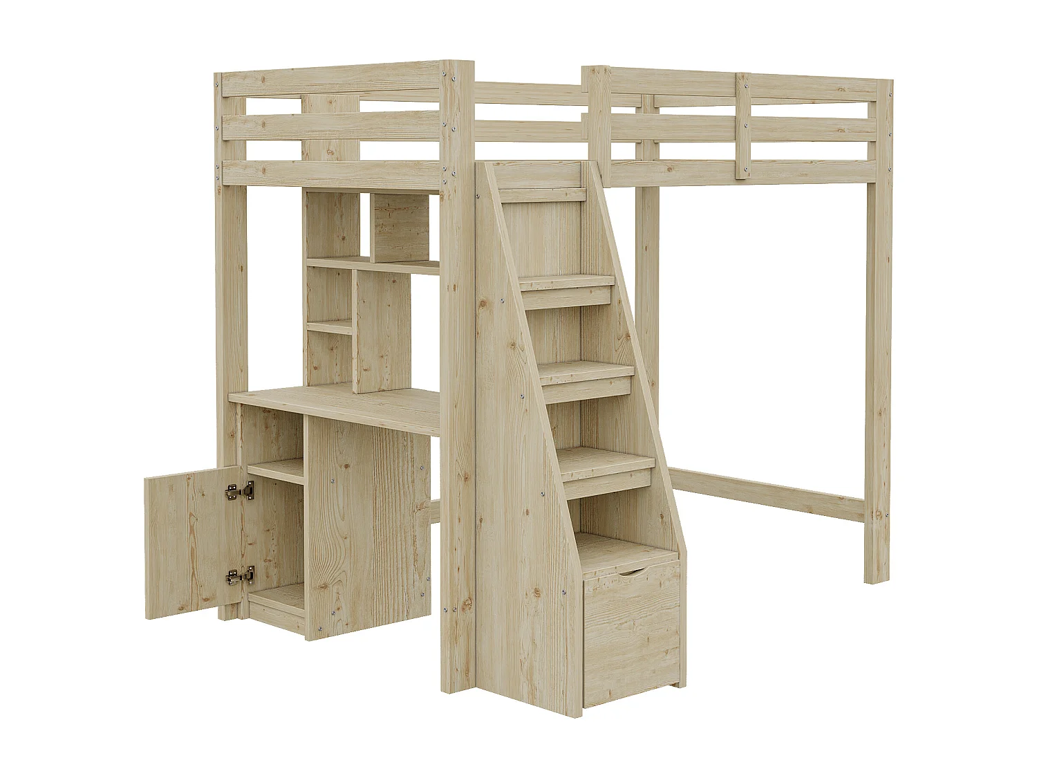 Cama entrepiso de madera 90x200cm - con estantes y cajones - Natural (colchón no incluido)