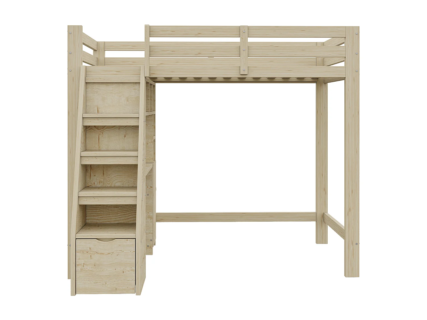 Cama entrepiso de madera 90x200cm - con estantes y cajones - Natural (colchón no incluido)