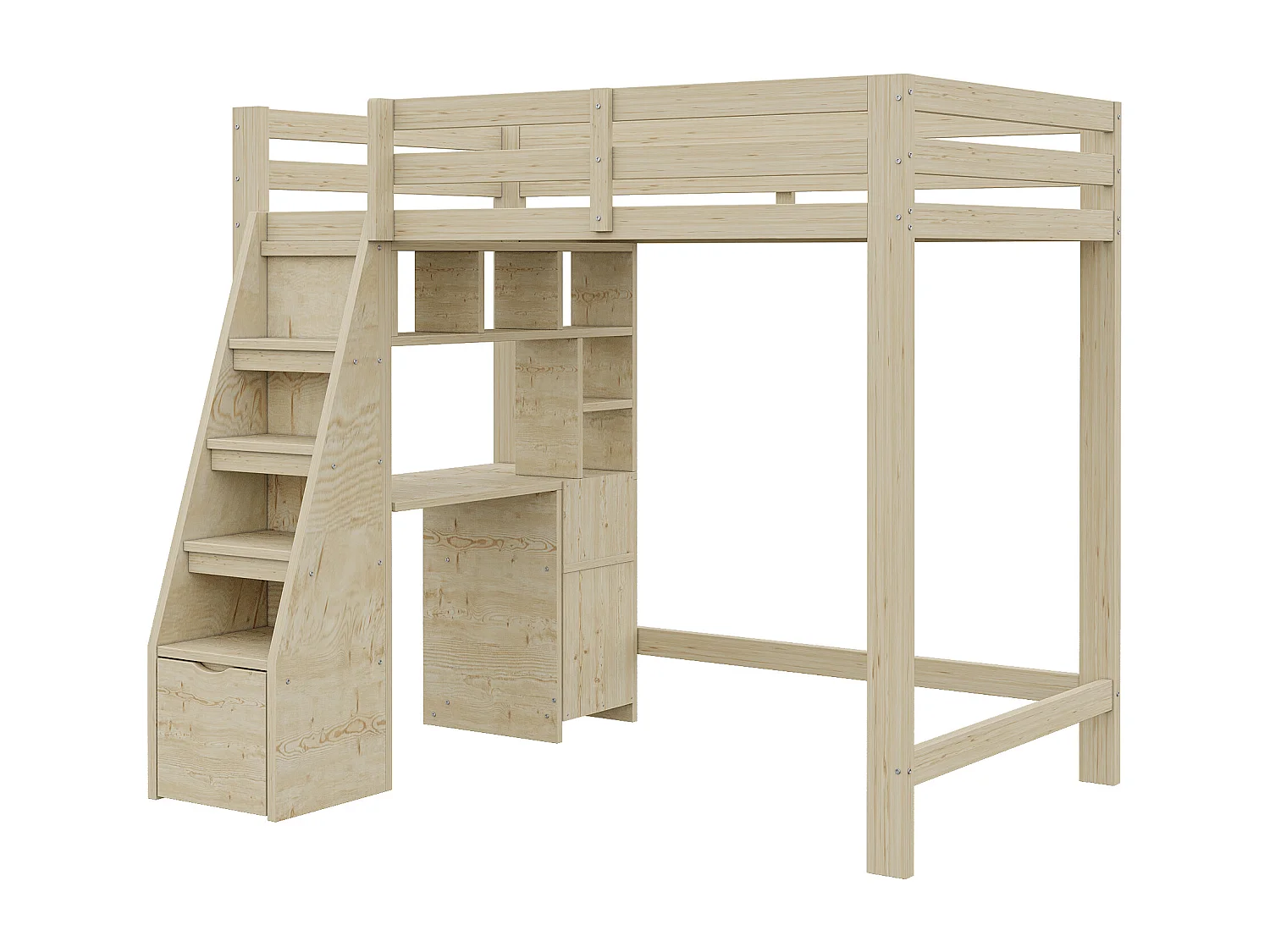 Cama entrepiso de madera 90x200cm - con estantes y cajones - Natural (colchón no incluido)