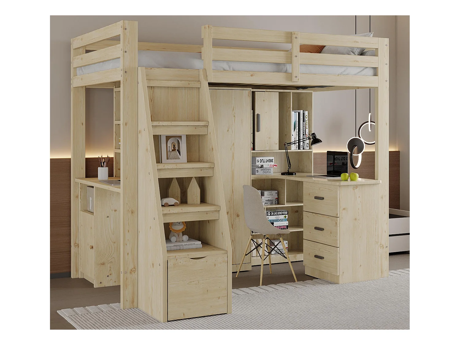 Lit mezzanine 90x200cm en bois - avec étagères et tiroirs - Naturel (matelas non inclus)