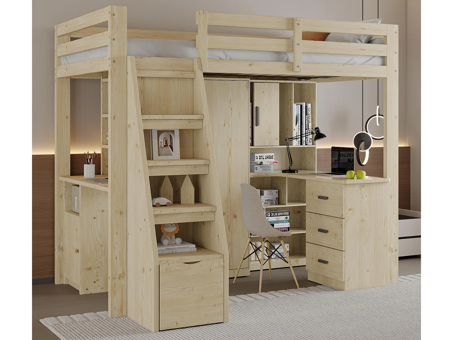 Lit mezzanine 90x200cm en bois - avec étagères et tiroirs - Naturel (matelas non inclus)