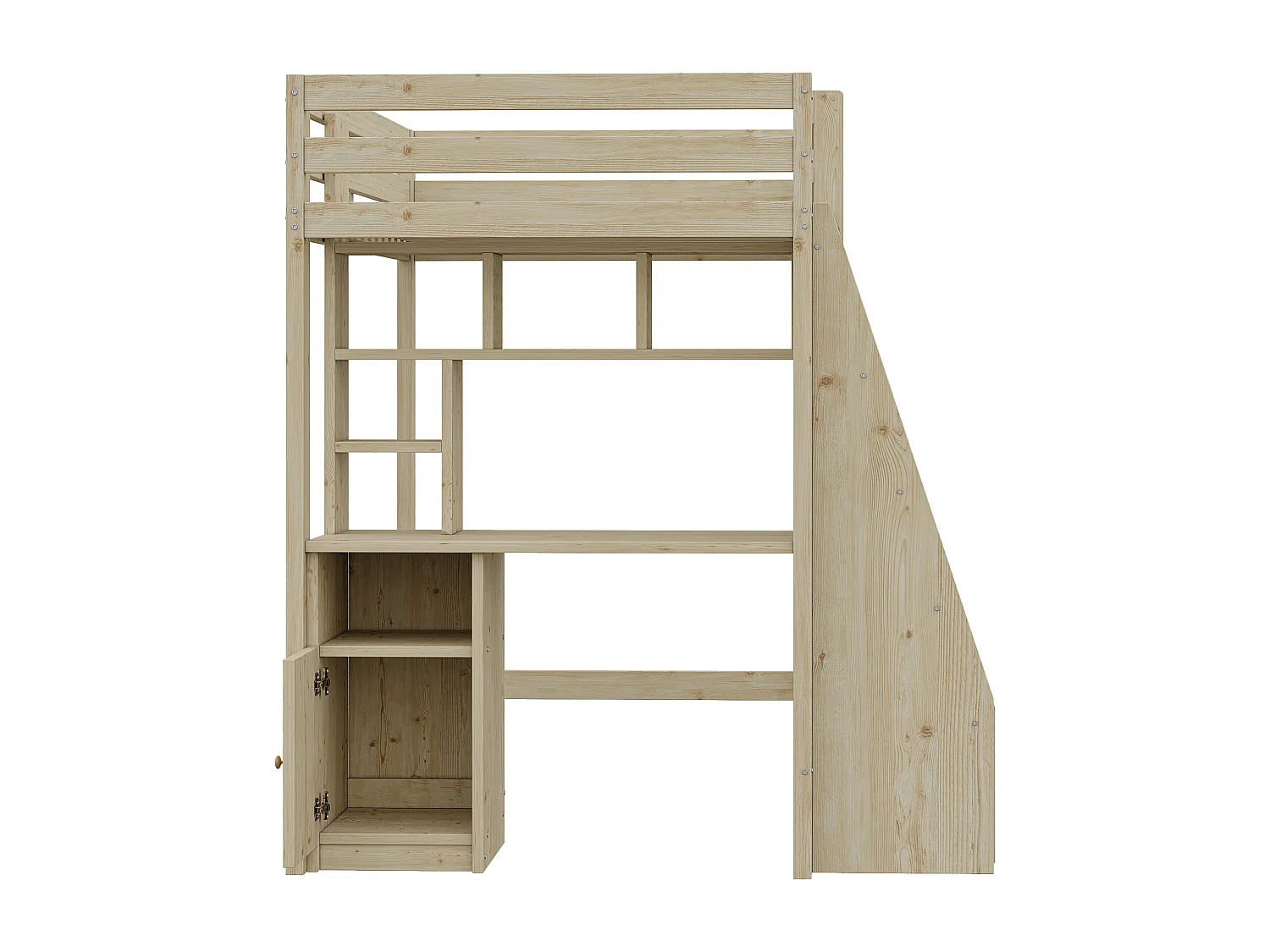 Lit mezzanine 90x200cm en bois - avec étagères et tiroirs - Naturel (matelas non inclus)