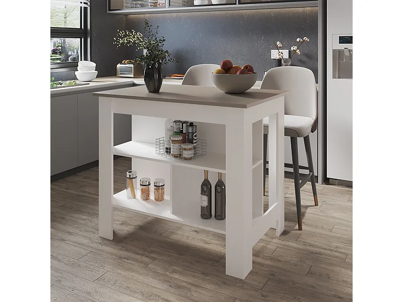 Isla de cocina Cala en melamina con 3 estantes , Taupe / Blanco , 90 cm X 103 cm X 70 cm