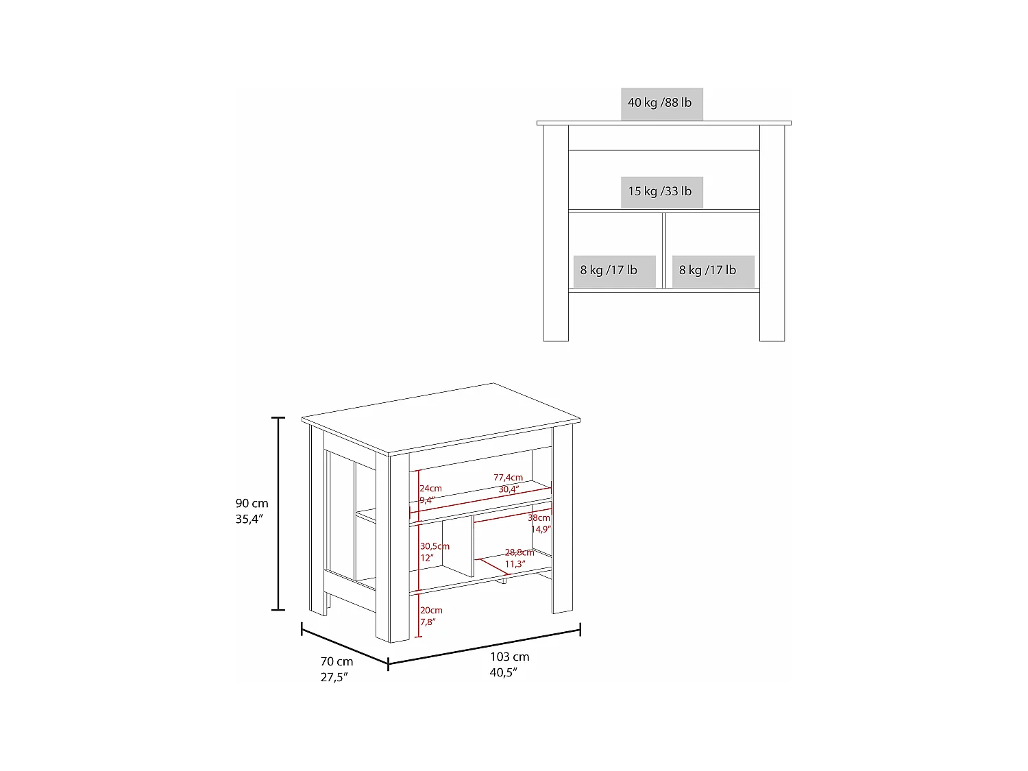 Isola da cucina Cala in melaminico con 3 ripiani , Taupe / White , 90 cm X 103 cm X 70 cm