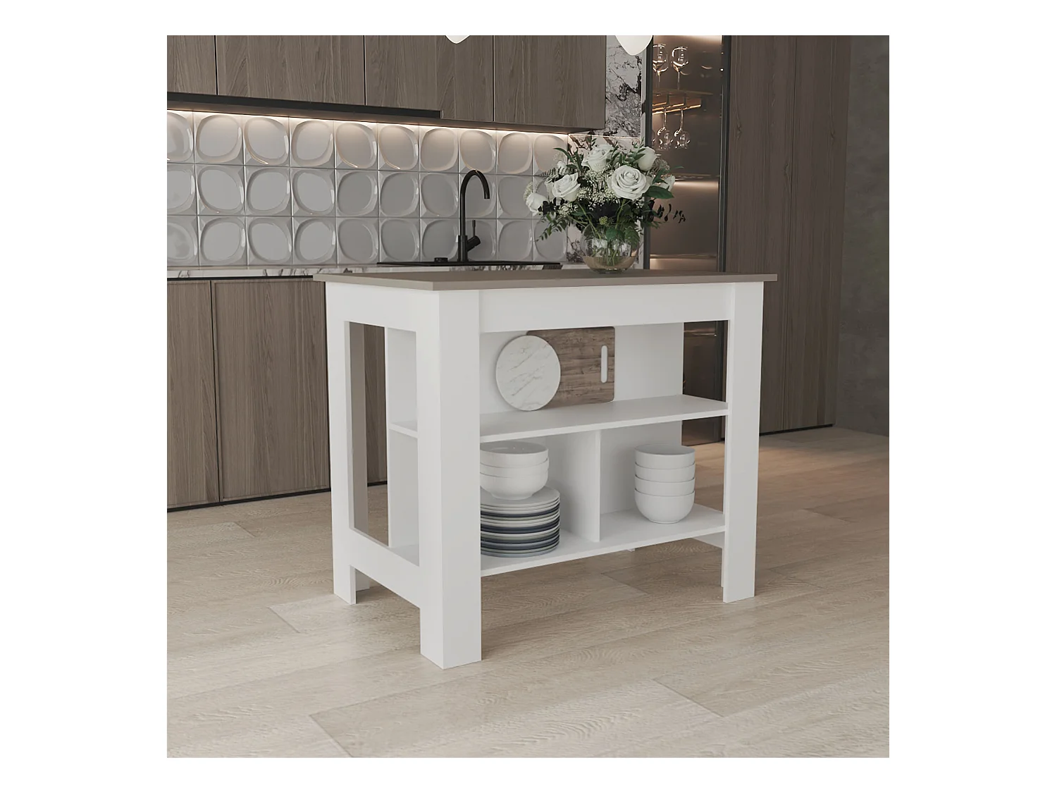 Isola da cucina Cala in melaminico con 3 ripiani , Taupe / White , 90 cm X 103 cm X 70 cm