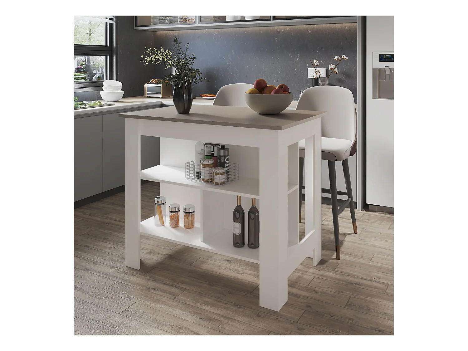 Ilot de cuisine Cala en mélaminé avec 3 étagères , Taupe / Blanc , 90 cm X 103 cm X 70 cm