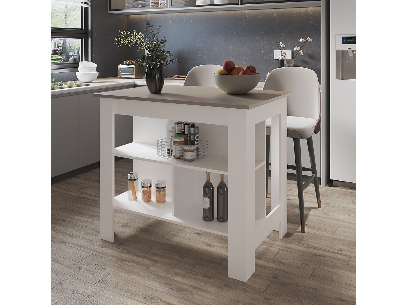Isla De Cocina Grande Con Diseño Mármol Blanco - 120x60x90,5 Cm, 3 Cajones Y 3 Puertas, Zona Bar Integrada, Ideal Para Cocinas Modernas