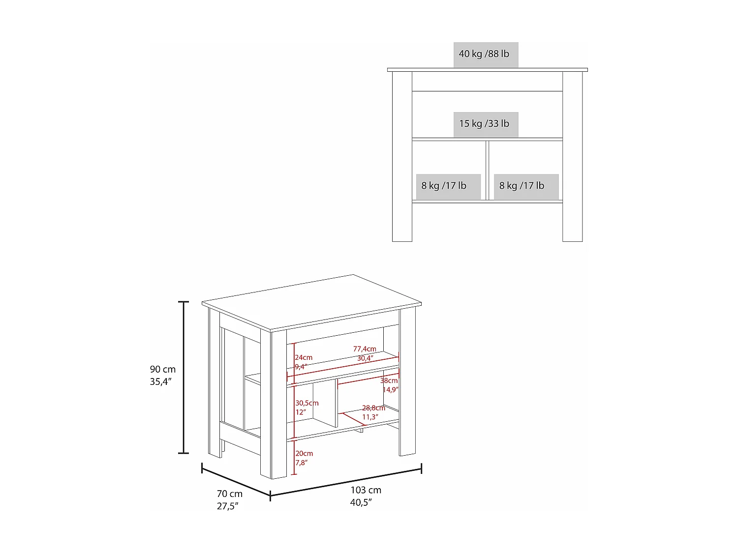 Isla de cocina Cala en melamina con 3 estantes , Taupe / Blanco , 90 cm X 103 cm X 70 cm
