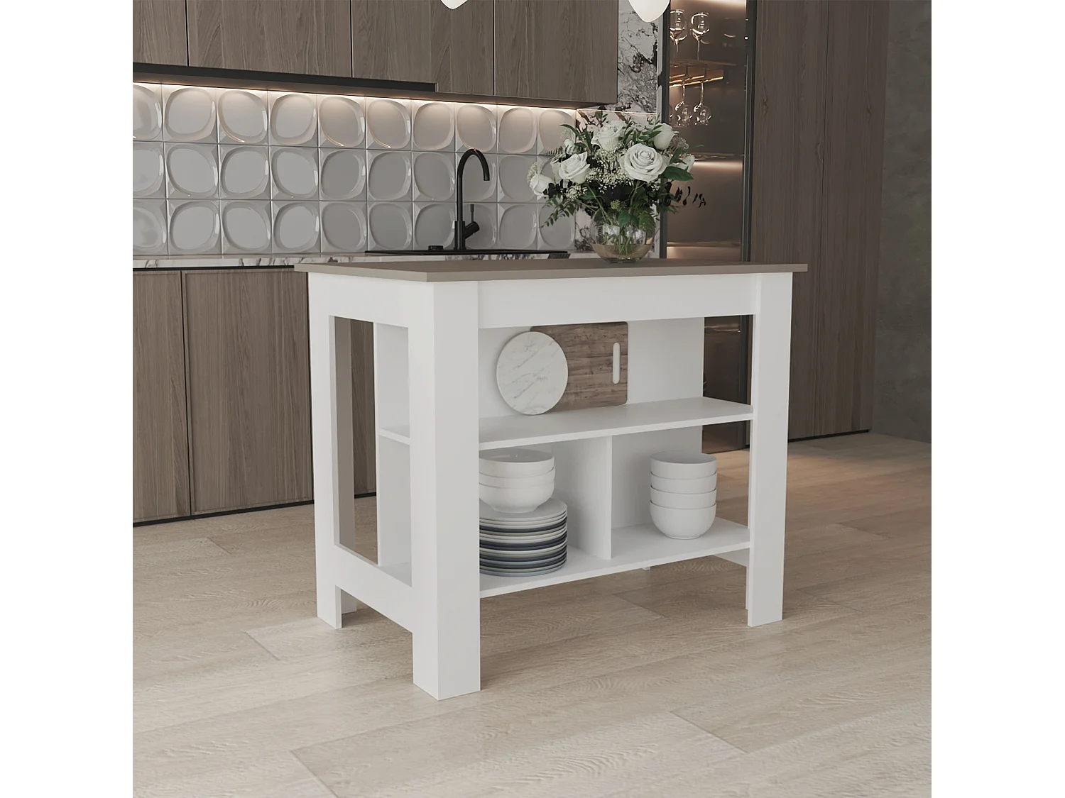Isla de cocina Cala en melamina con 3 estantes , Taupe / Blanco , 90 cm X 103 cm X 70 cm