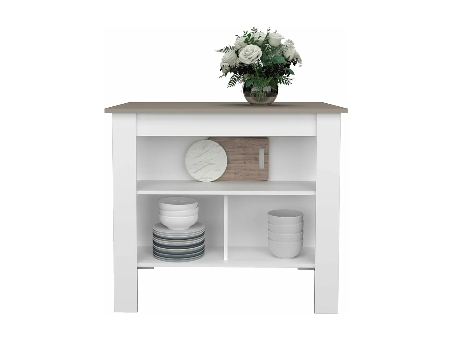 Isla de cocina Cala en melamina con 3 estantes , Taupe / Blanco , 90 cm X 103 cm X 70 cm