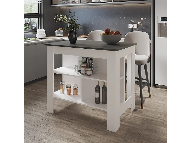 Isola da cucina Cala in melaminico con 3 ripiani , Piombo / Bianco , 90 cm X 103 cm X 70 cm