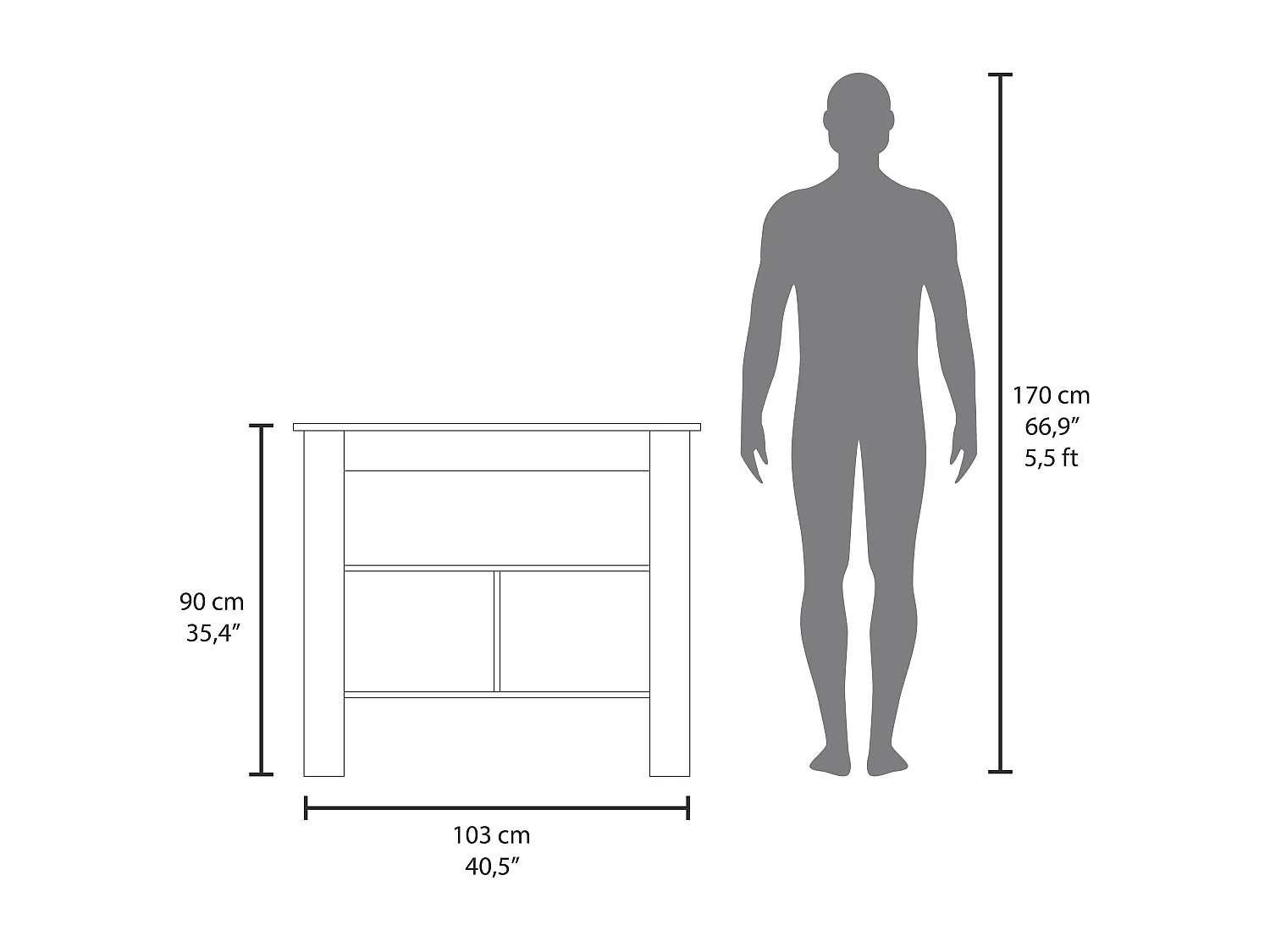 Isola da cucina Cala in melaminico con 3 ripiani , Piombo / Bianco , 90 cm X 103 cm X 70 cm