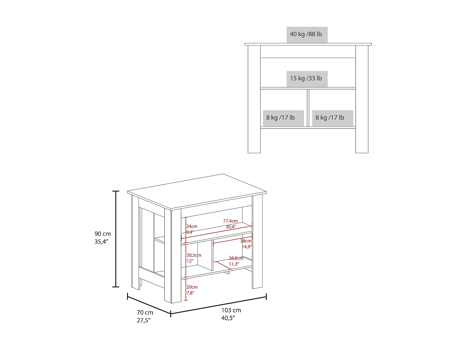 Ilot de cuisine Cala en mélaminé avec 3 étagères , Plomb / Blanc , 90 cm X 103 cm X 70 cm