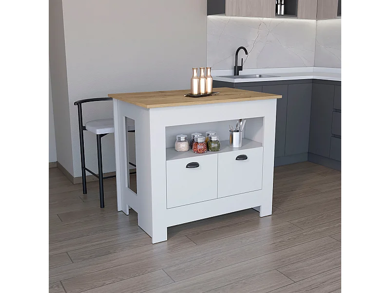 Isla de cocina Arlet en melamina con 2 puertas y 3 estantes , Blanco / Macadamia , 89.9 cm X 103 cm X 70 cm