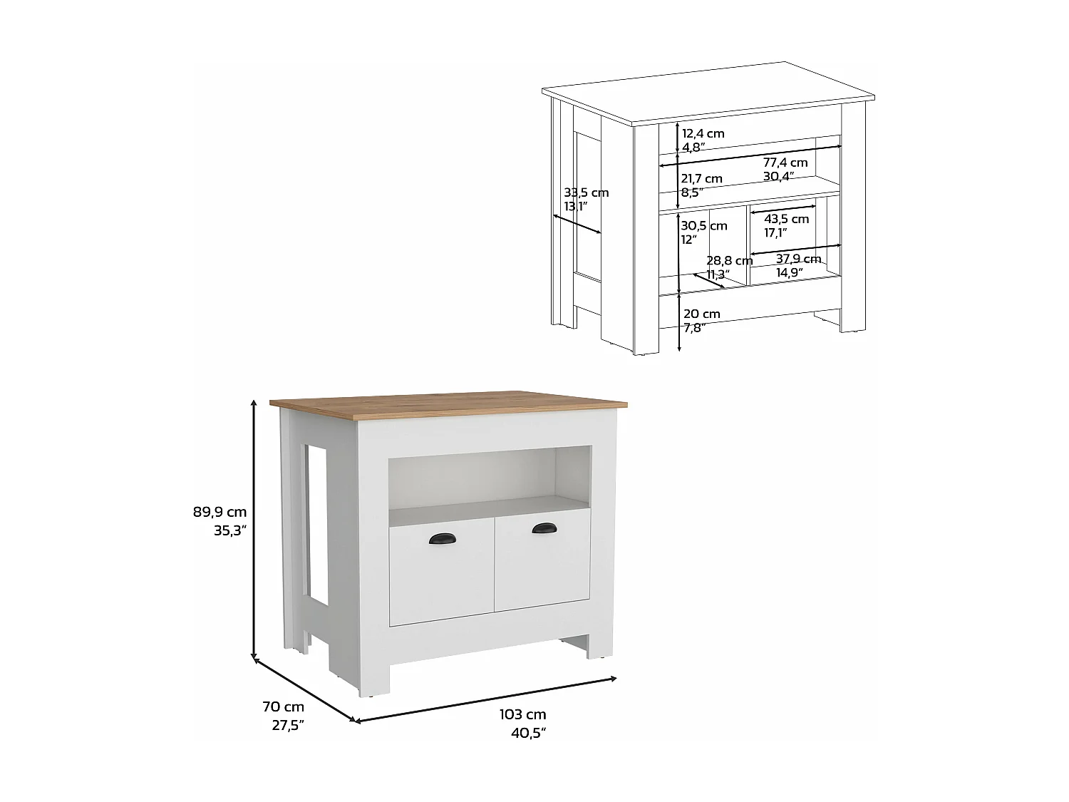 Isla de cocina Arlet en melamina con 2 puertas y 3 estantes , Blanco / Macadamia , 89.9 cm X 103 cm X 70 cm