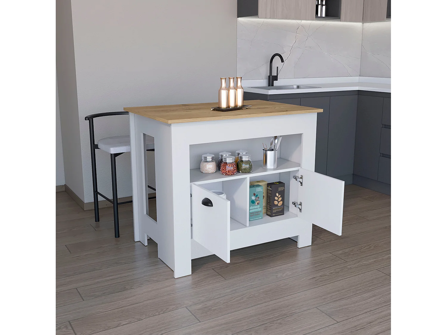 Isla de cocina Arlet en melamina con 2 puertas y 3 estantes , Blanco / Macadamia , 89.9 cm X 103 cm X 70 cm