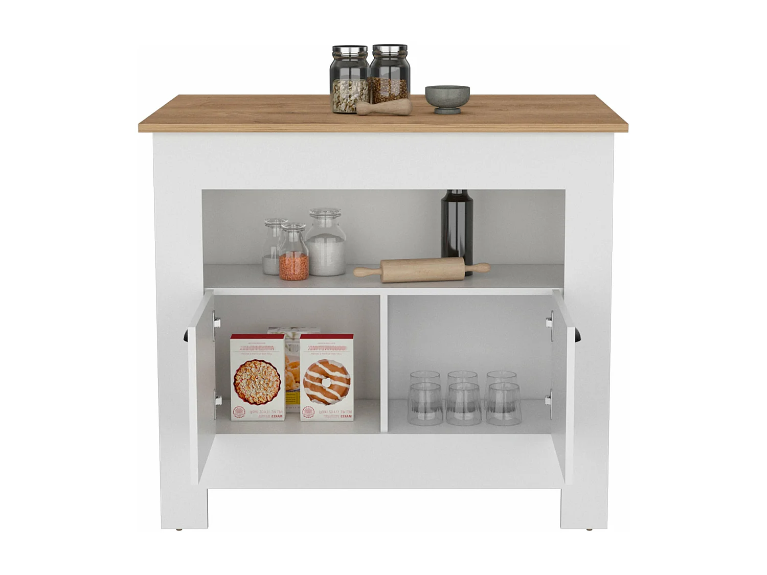 Isla de cocina Arlet en melamina con 2 puertas y 3 estantes , Blanco / Macadamia , 89.9 cm X 103 cm X 70 cm