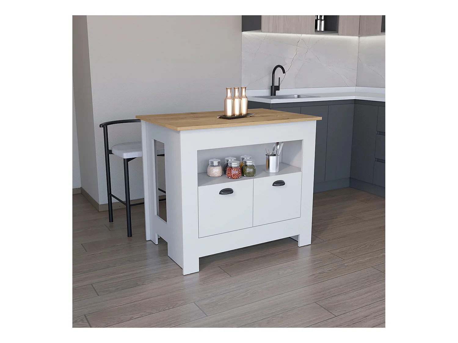 Ilot de cuisine Arlet en mélaminé avec 2 portes et 3 étagères , Blanc / Macadamia , 89.9 cm X 103 cm X 70 cm
