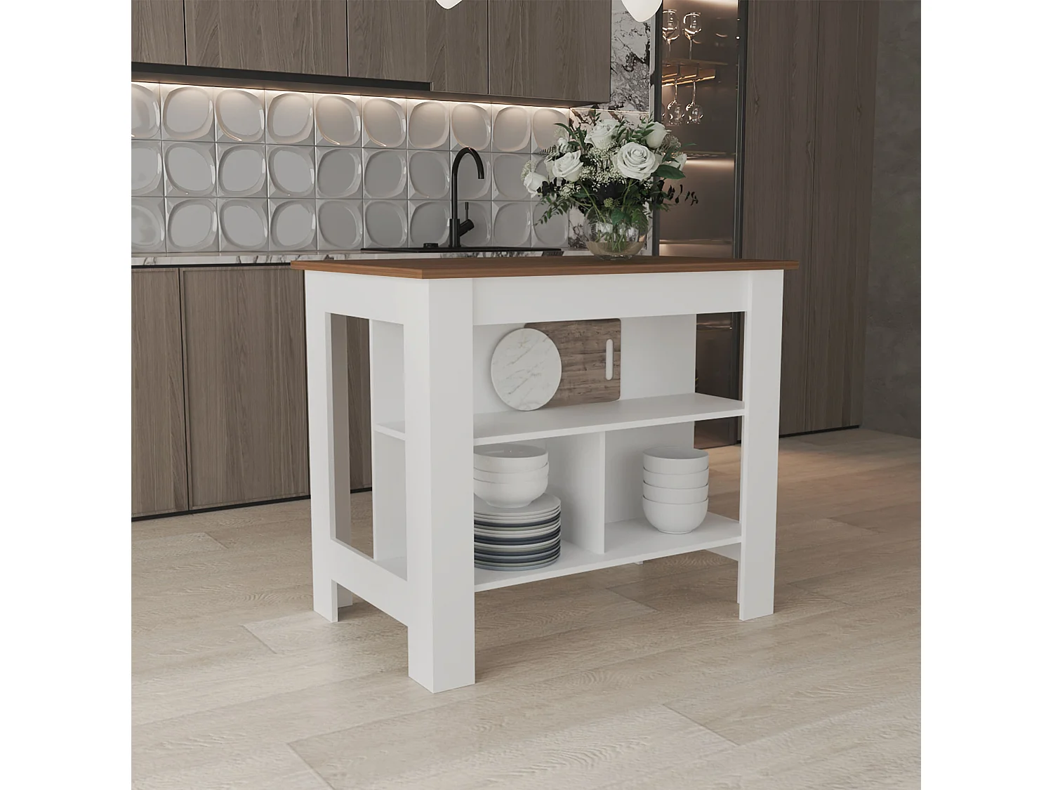 Isola da cucina Cala in melamina con 3 ripiani , Galles / Bianco , 90 cm X 103 cm X 70 cm