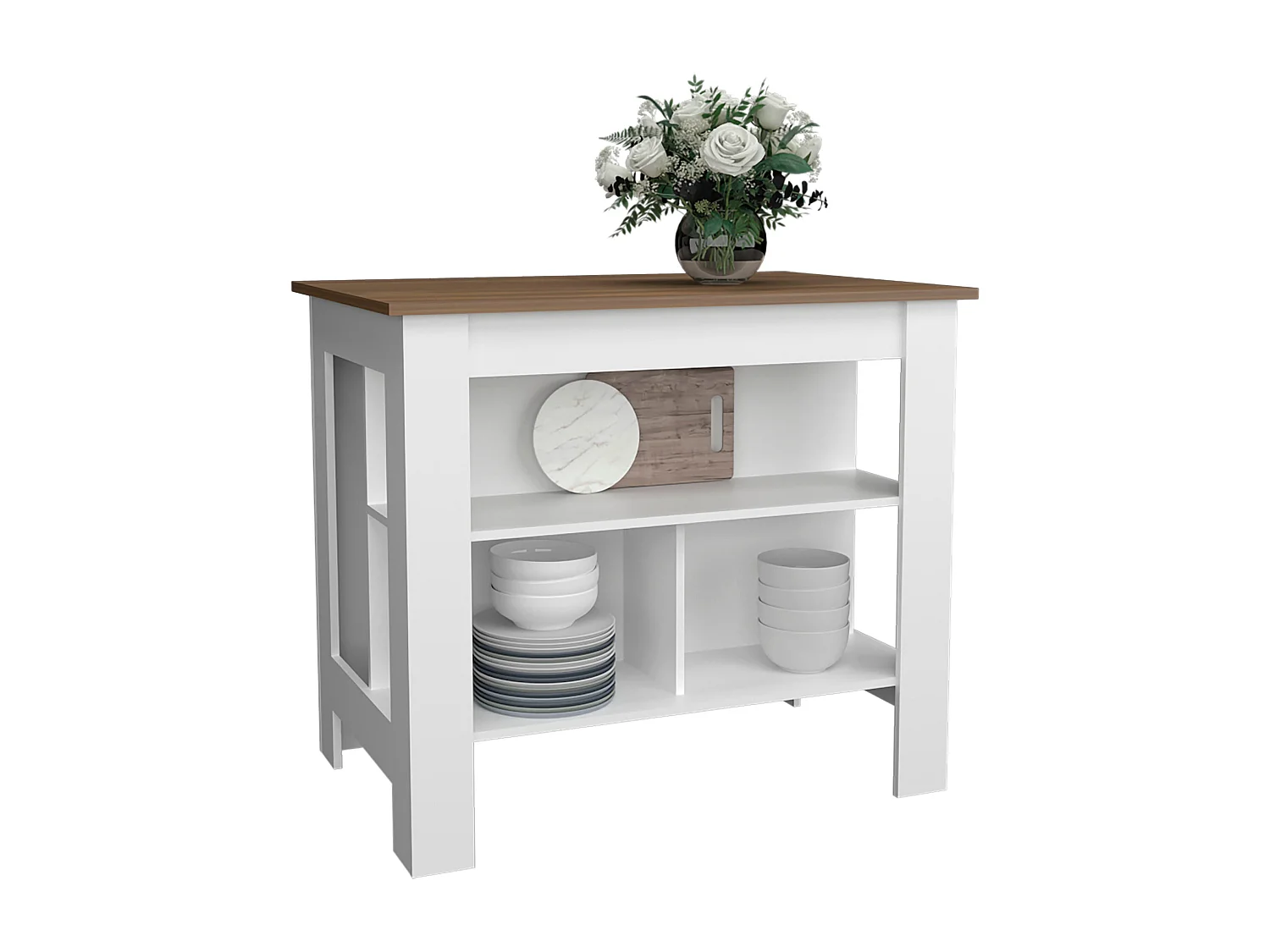 Isola da cucina Cala in melamina con 3 ripiani , Galles / Bianco , 90 cm X 103 cm X 70 cm