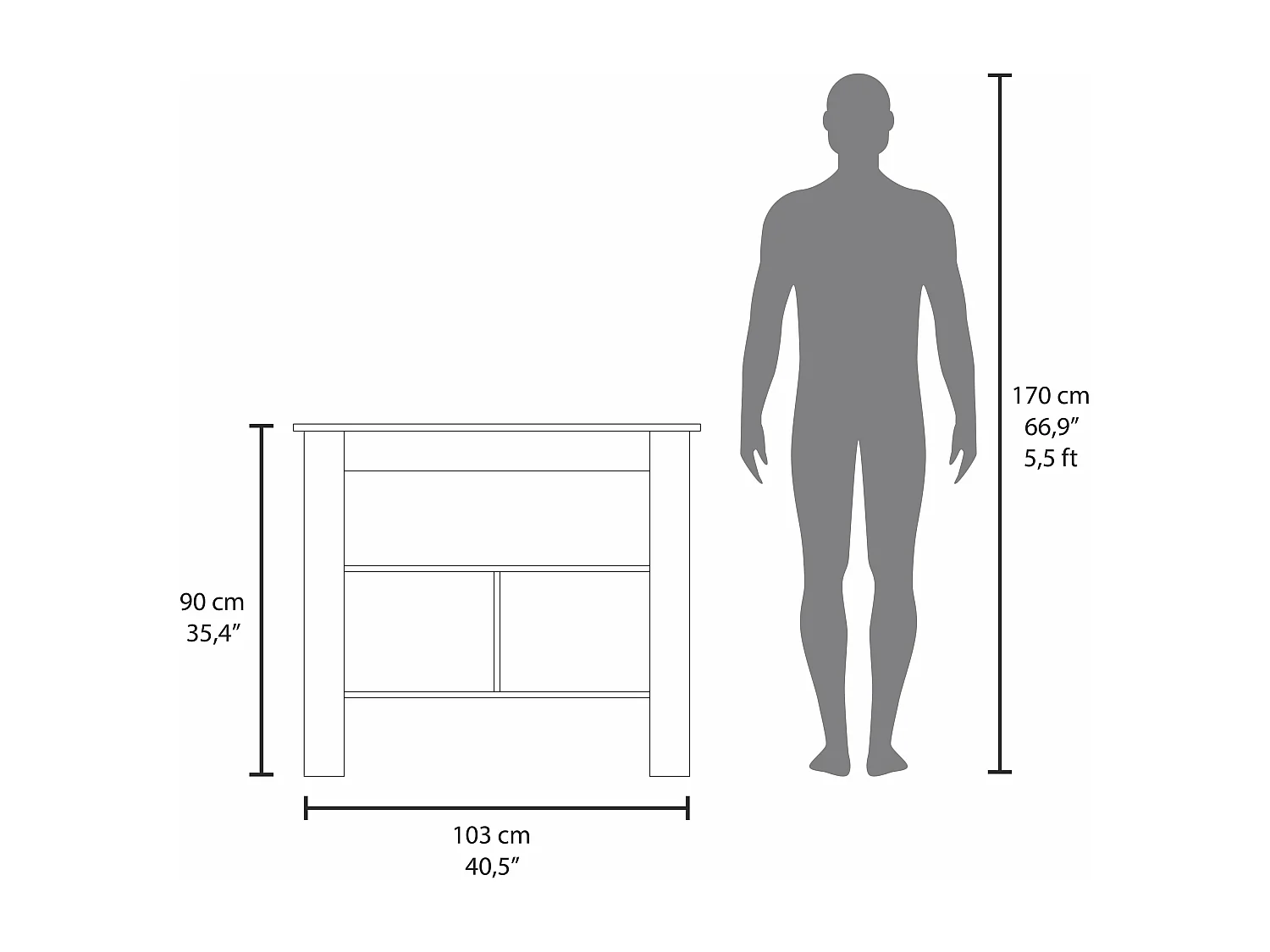 Isola da cucina Cala in melamina con 3 ripiani , Galles / Bianco , 90 cm X 103 cm X 70 cm