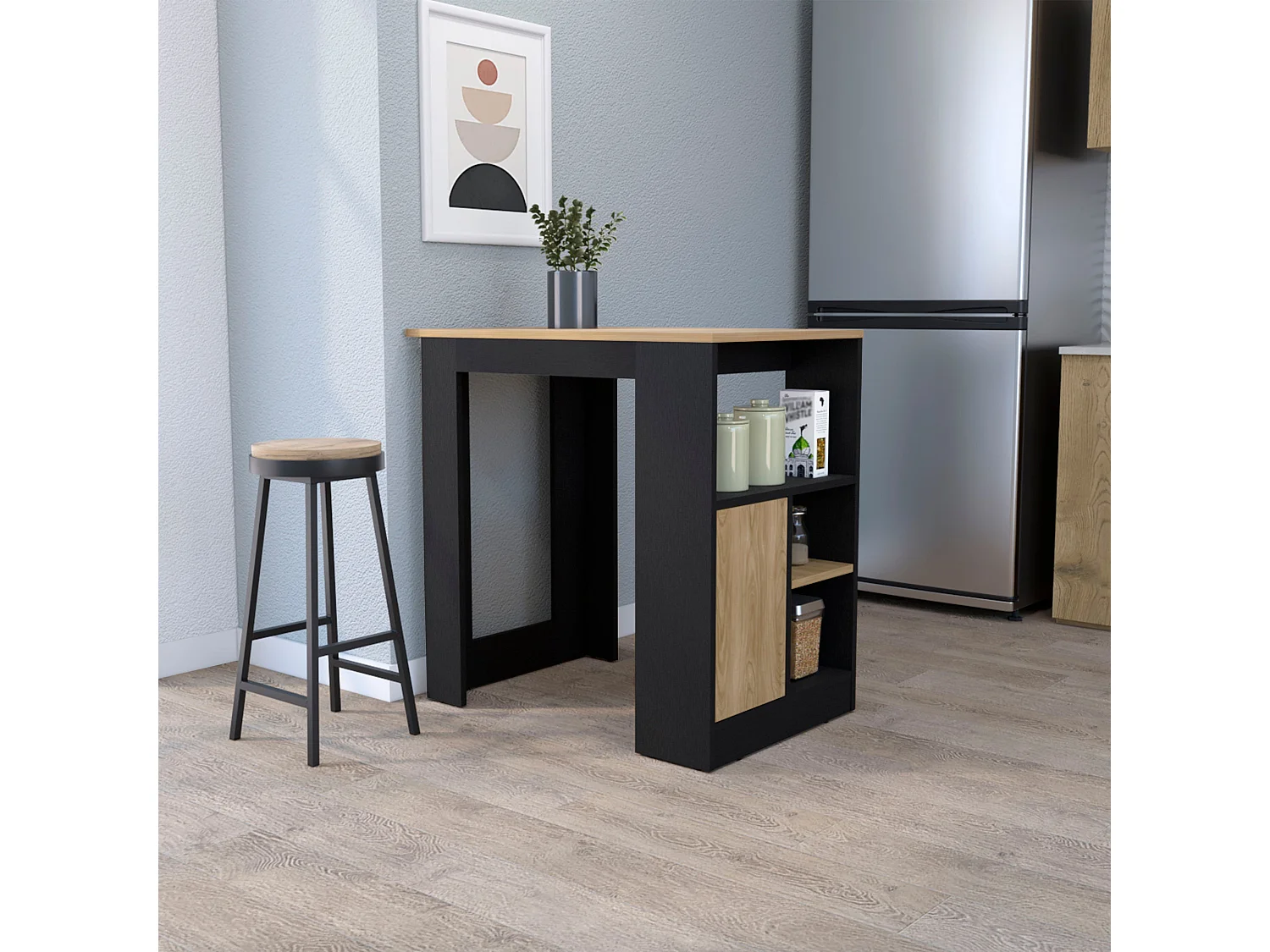 Isola da cucina Stirling in melaminico con 3 ripiani e anta inferiore, Nero / Beige , 91,3 cm X 92 cm X 59 cm