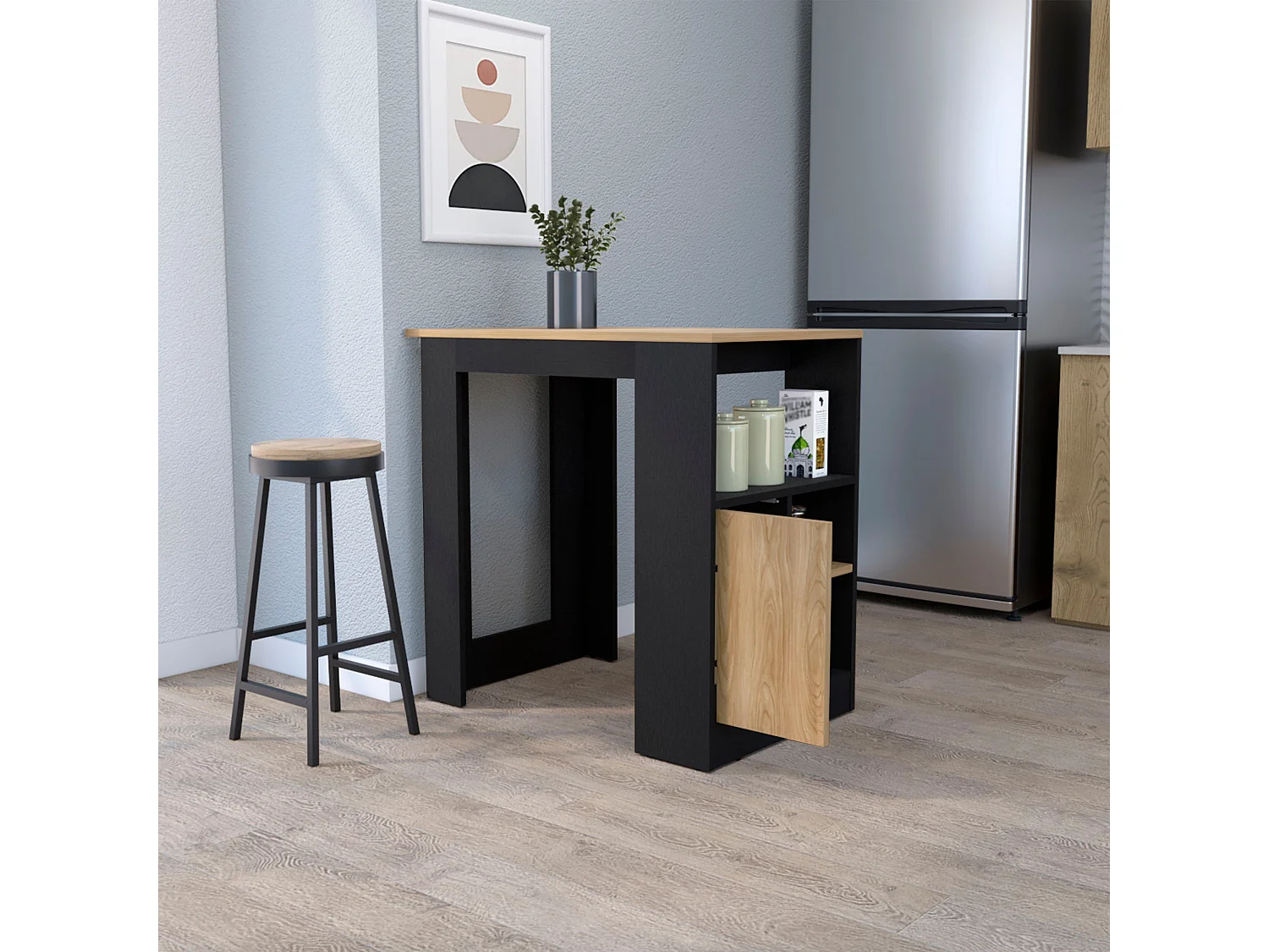 Isola da cucina Stirling in melaminico con 3 ripiani e anta inferiore, Nero / Beige , 91,3 cm X 92 cm X 59 cm