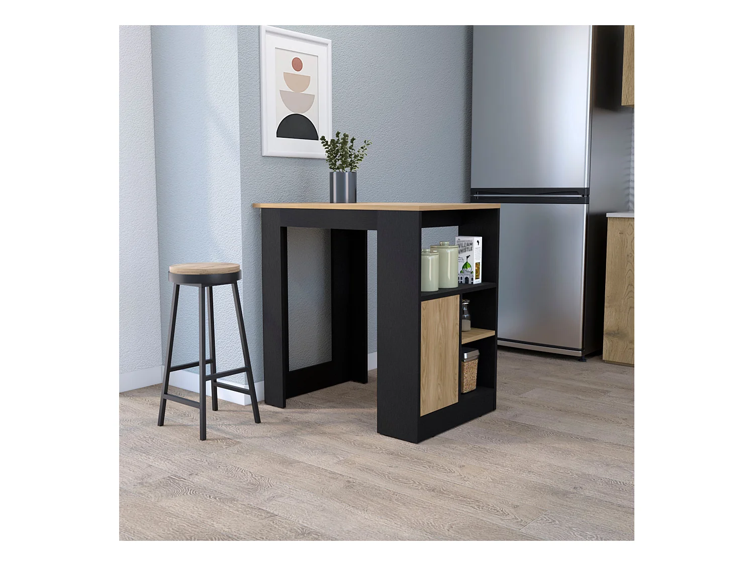 Ilot de cuisine Stirling en mélaminé avec 3 étagères et porte de rangement inférieure , Noir / Beige , 91.3 cm X 92 cm X 59 cm