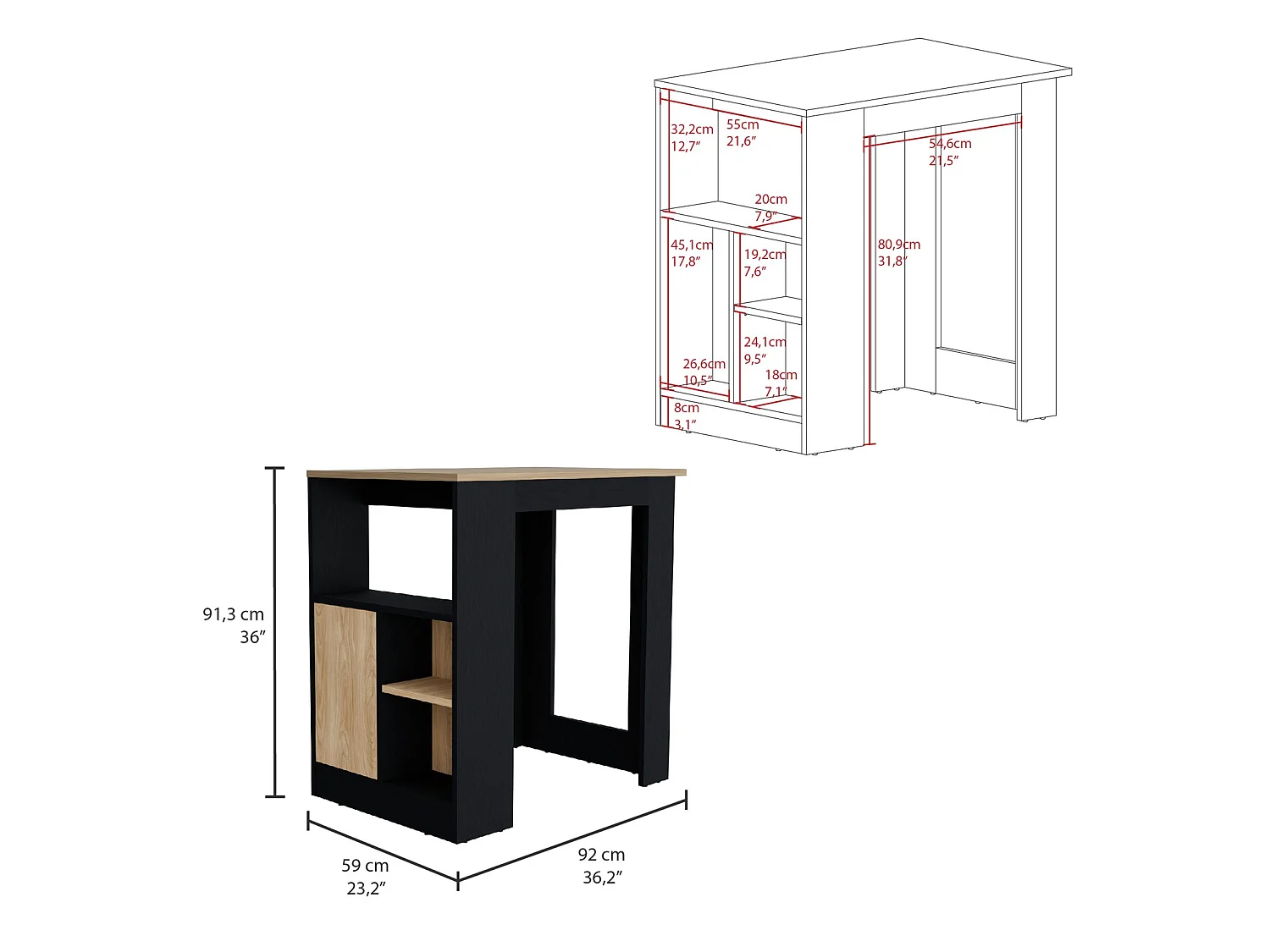 Îlot de cuisine Stirling de 92 cm, wengé et frêne
