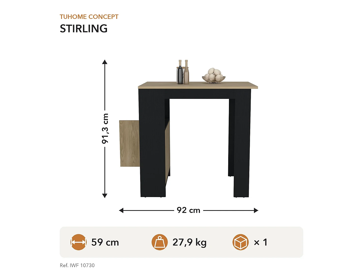 Îlot de cuisine Stirling de 92 cm, wengé et frêne