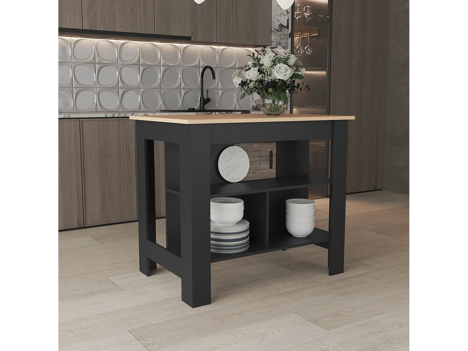 Isola da cucina Cala in melaminico a 3 ripiani , Rovere / Nero , 90 cm X 103 cm X 70 cm