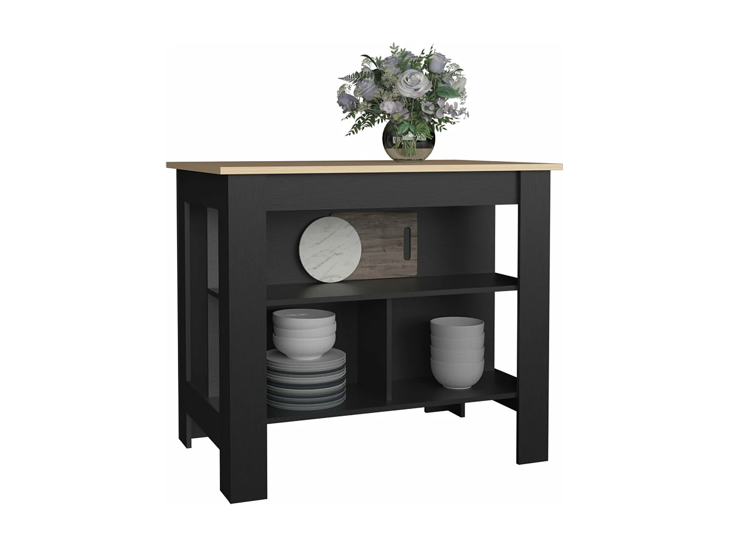 Isola da cucina Cala in melaminico a 3 ripiani , Rovere / Nero , 90 cm X 103 cm X 70 cm
