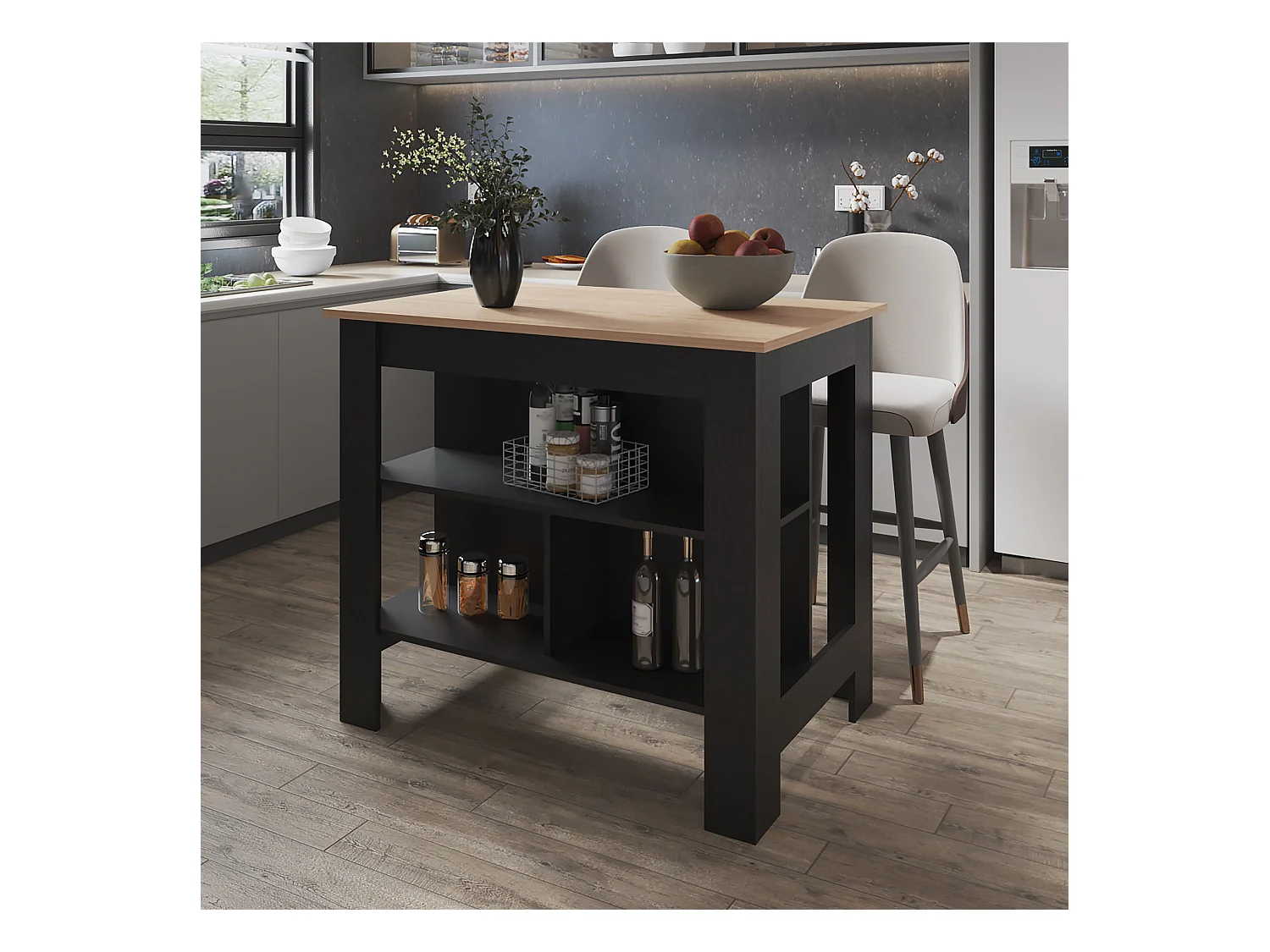 Ilot de cuisine Cala en mélamine avec 3 étagères , Rovere / Black , 90 cm X 103 cm X 70 cm