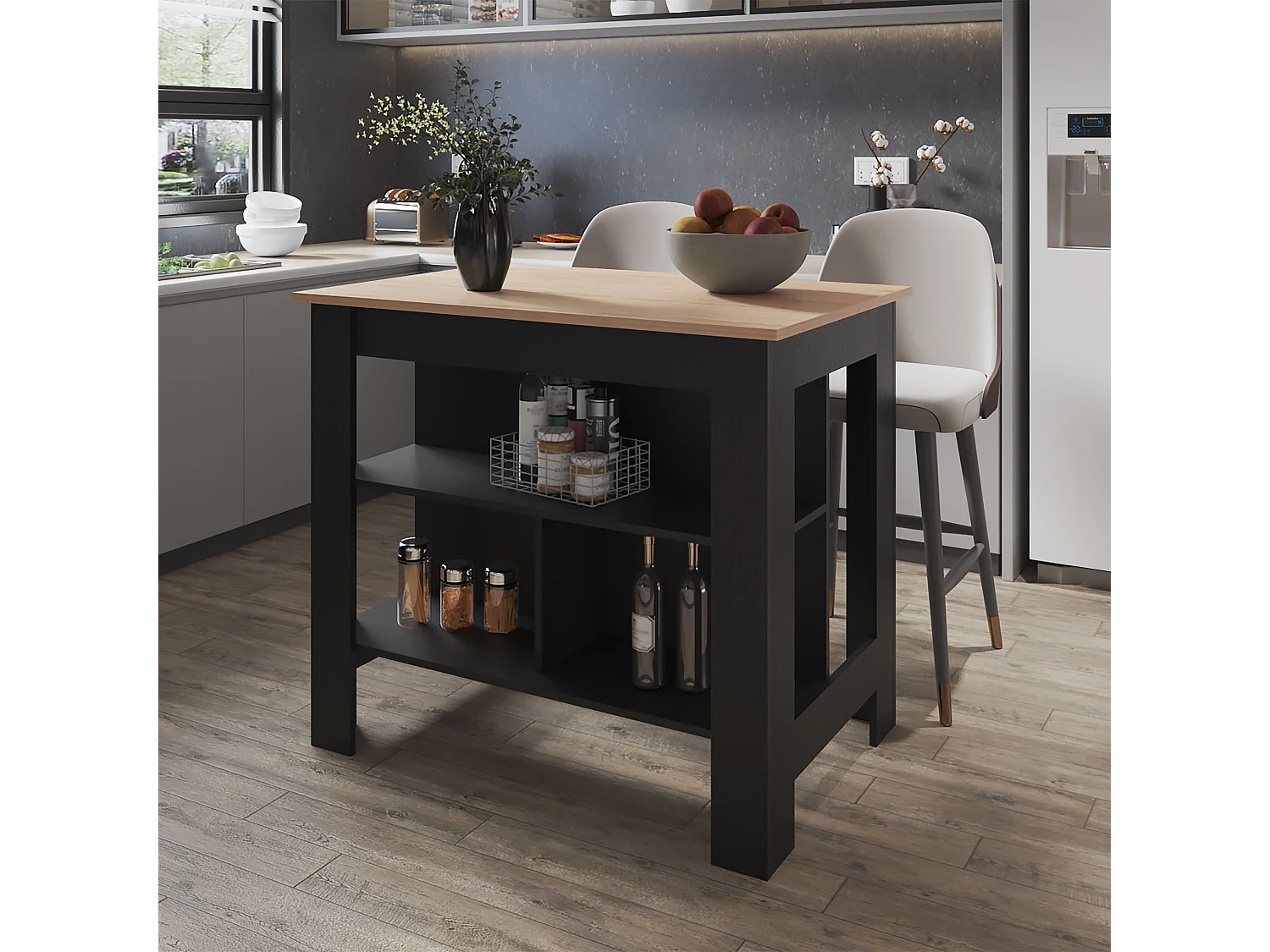 Ilot de cuisine Cala en mélamine avec 3 étagères , Rovere / Black , 90 cm X 103 cm X 70 cm