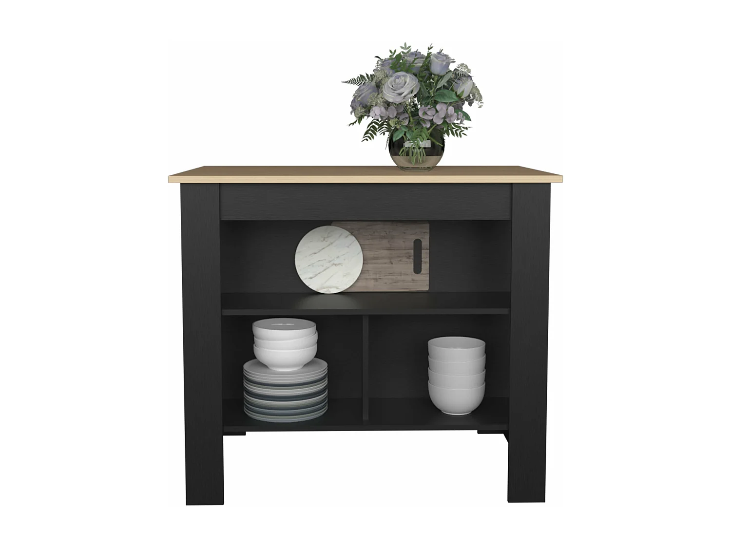 Ilot de cuisine Cala en mélamine avec 3 étagères , Rovere / Black , 90 cm X 103 cm X 70 cm