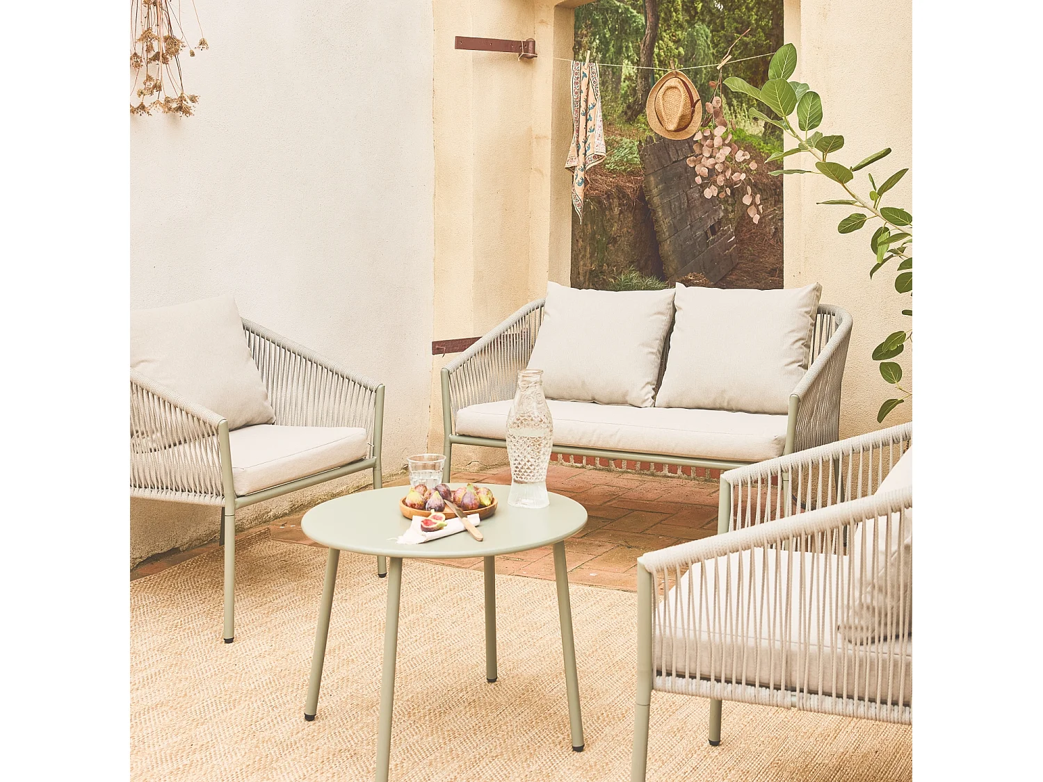 Conjunto de muebles de jardín de acero y cuerdas de resina, 4 plazas