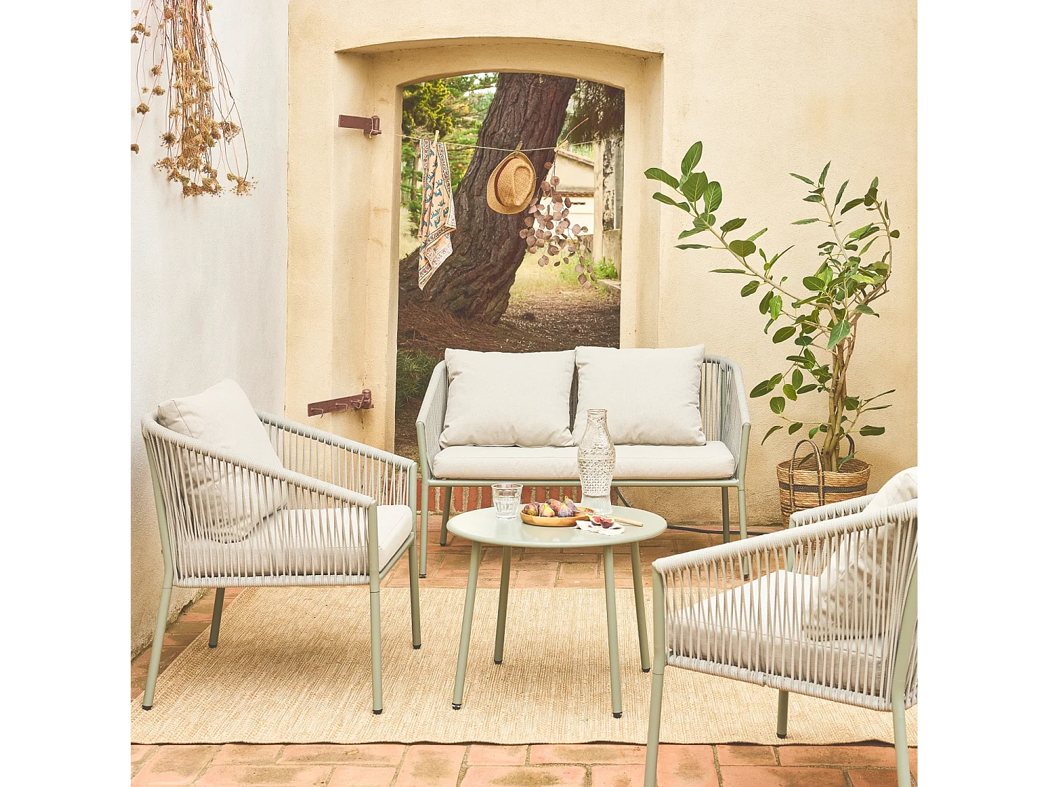 Conjunto de muebles de jardín de acero y cuerdas de resina, 4 plazas