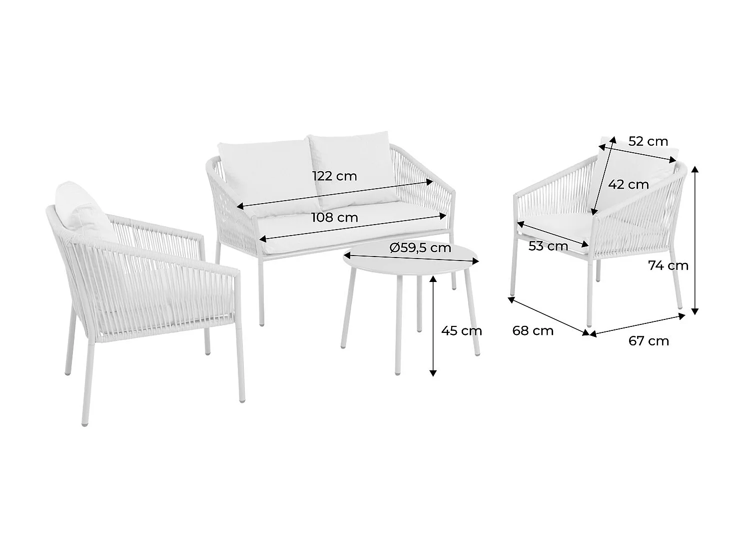 Conjunto de muebles de jardín de acero y cuerdas de resina, 4 plazas