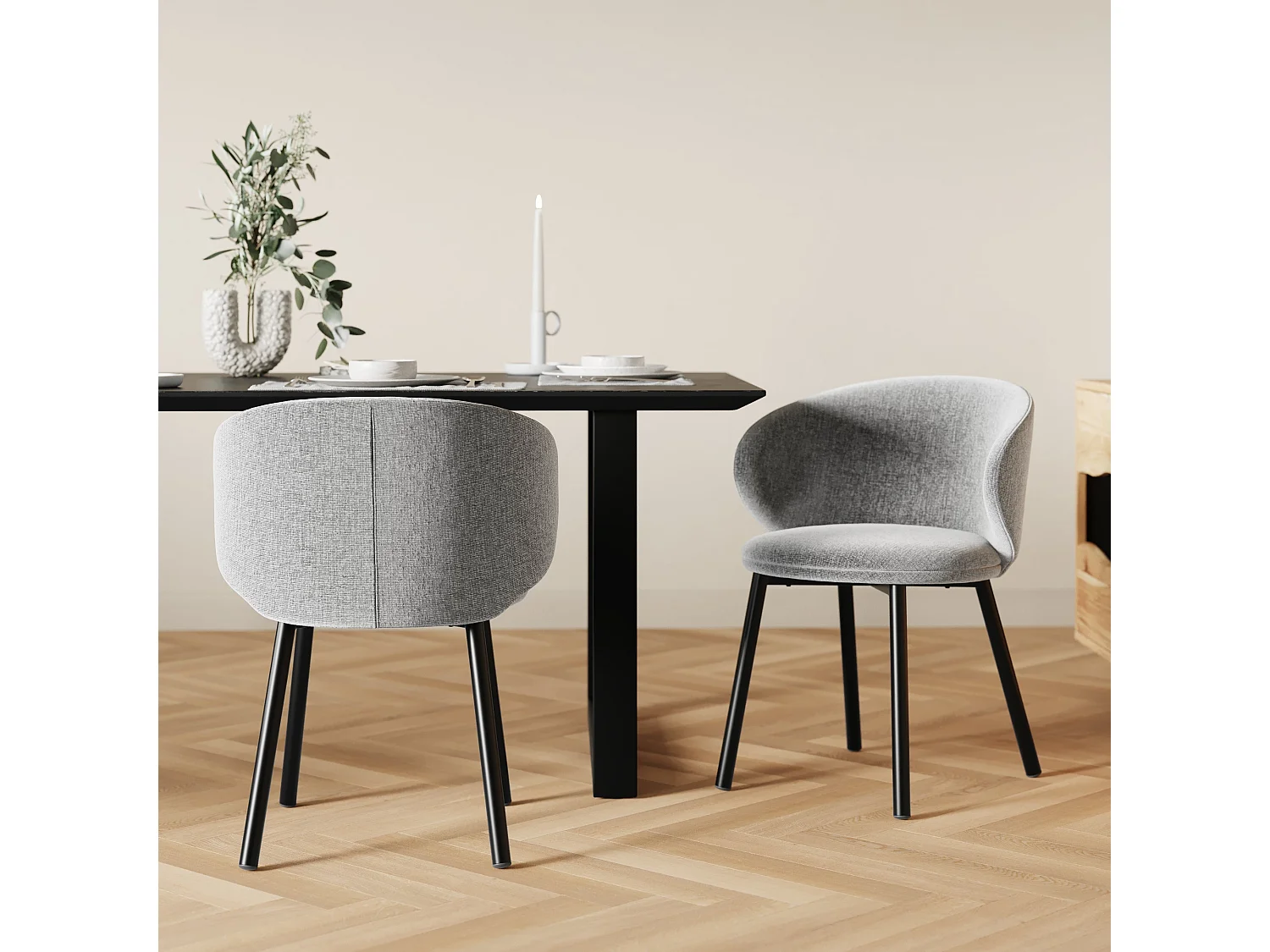 Lot de 2 chaises en tissu gris foncé chiné et pieds noirs - Cécilia