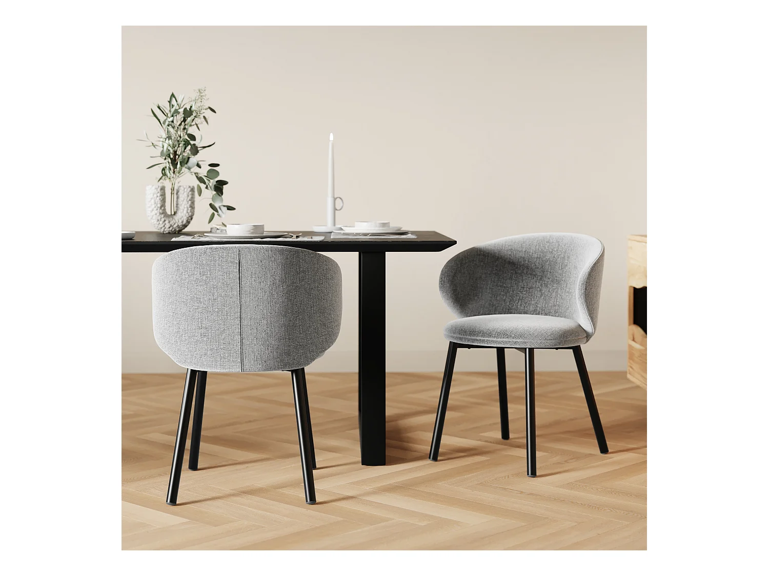 Lot de 2 chaises en tissu gris foncé chiné et pieds noirs - Cécilia