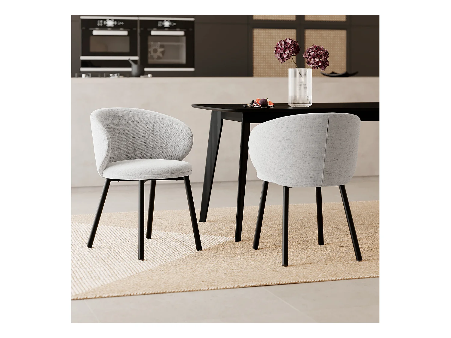 Lot de 2 chaises en tissu gris clair chiné et pieds noirs - Cécilia