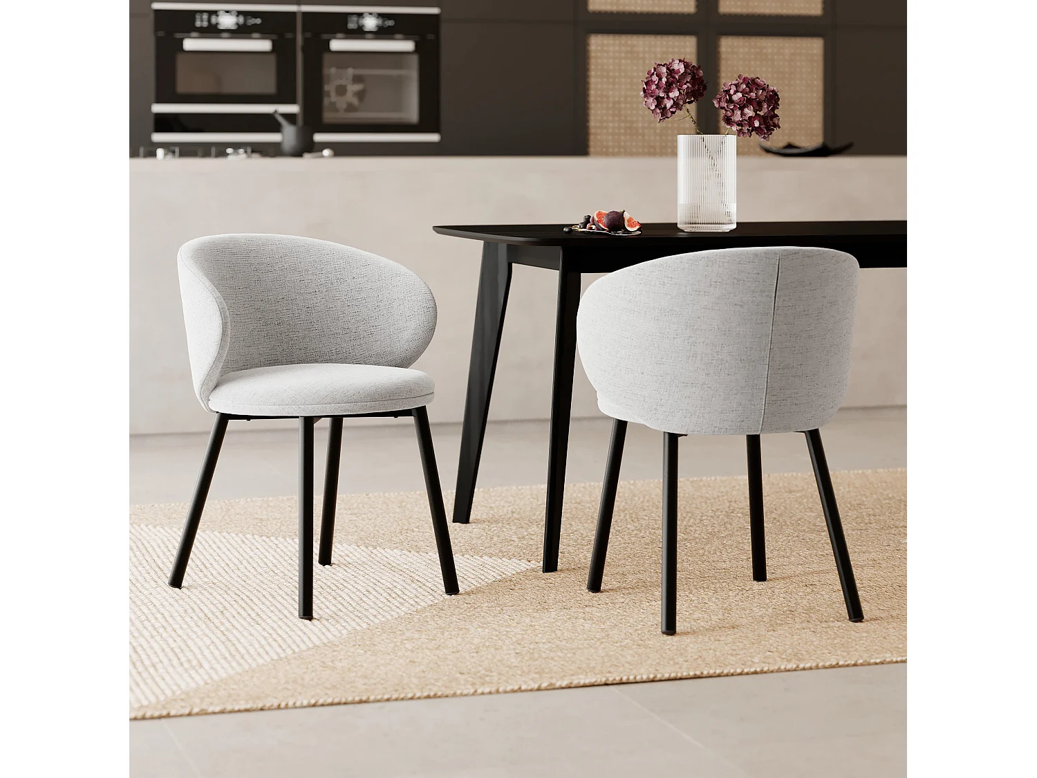 Lot de 2 chaises en tissu gris clair chiné et pieds noirs - Cécilia