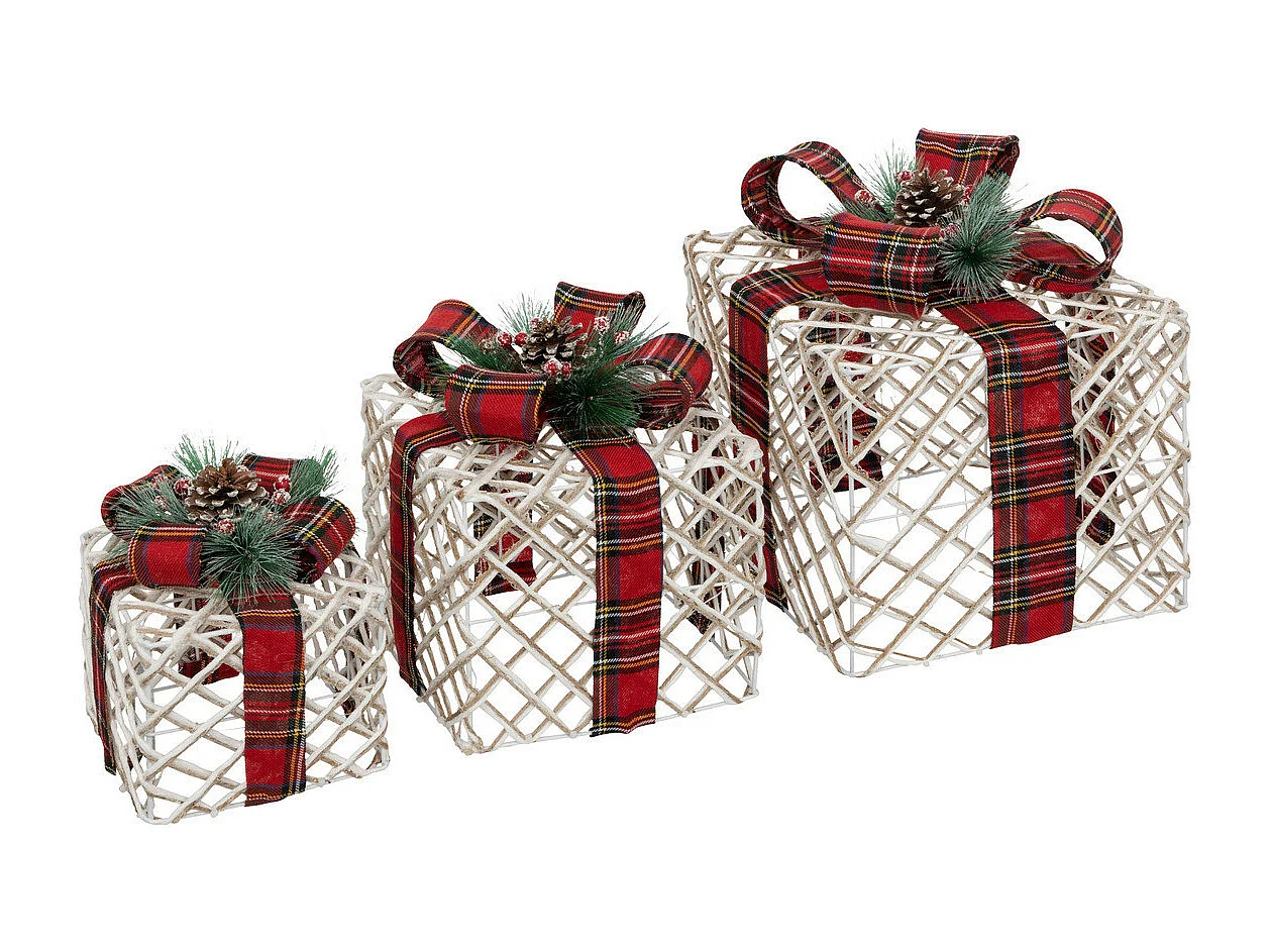 Déco de Noël lumineuse Lot de 3 Paquets Cadeaux Blancs et ruban Tartan