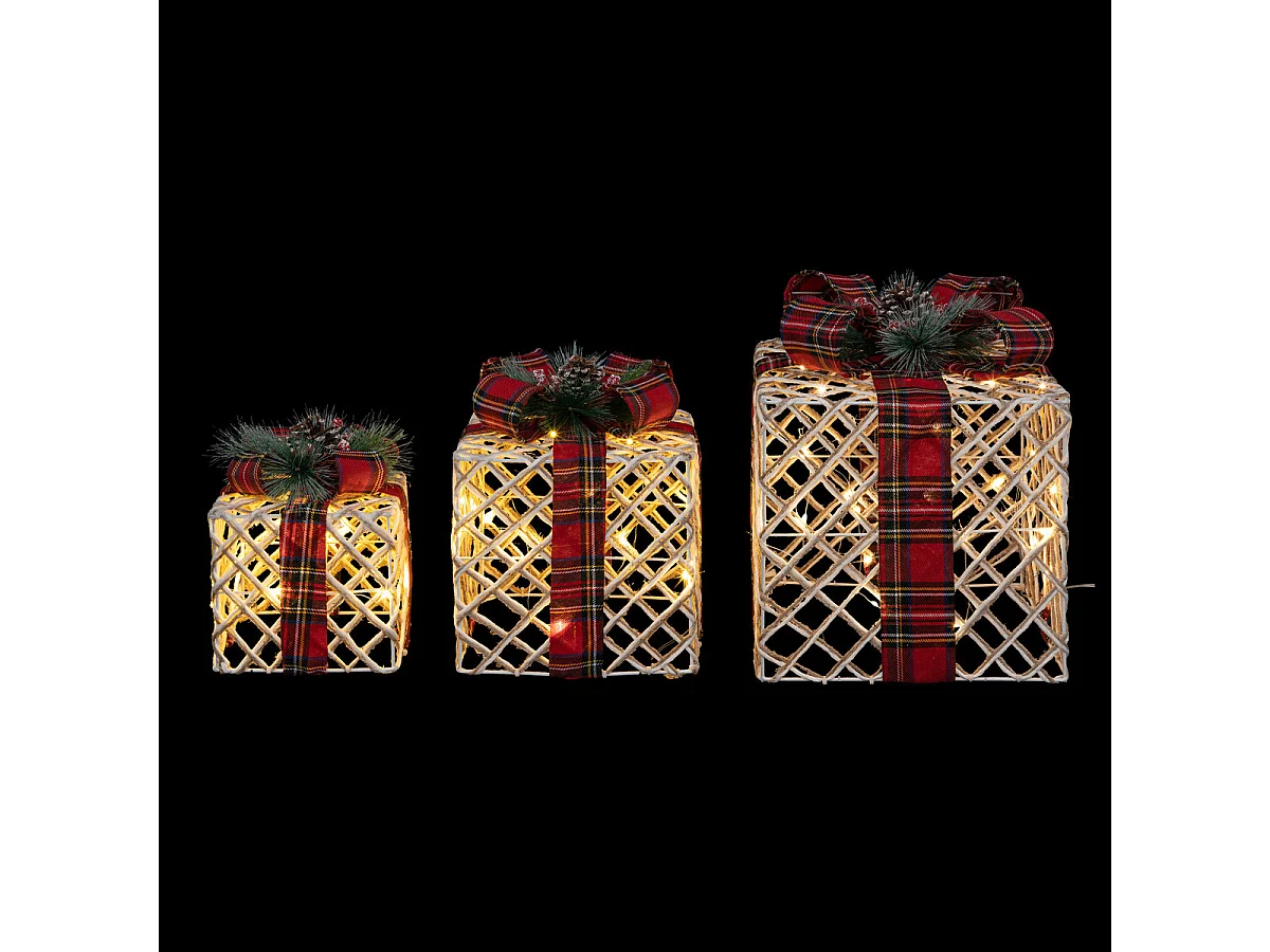 Déco de Noël lumineuse Lot de 3 Paquets Cadeaux Blancs et ruban Tartan