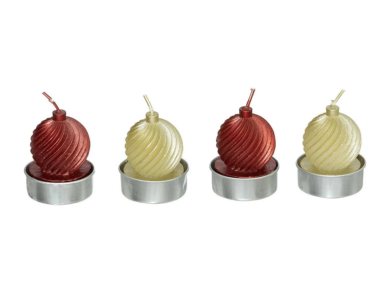 Lot de 4 Bougies déco Boule de Noël Rouge et Champagne pailletée
