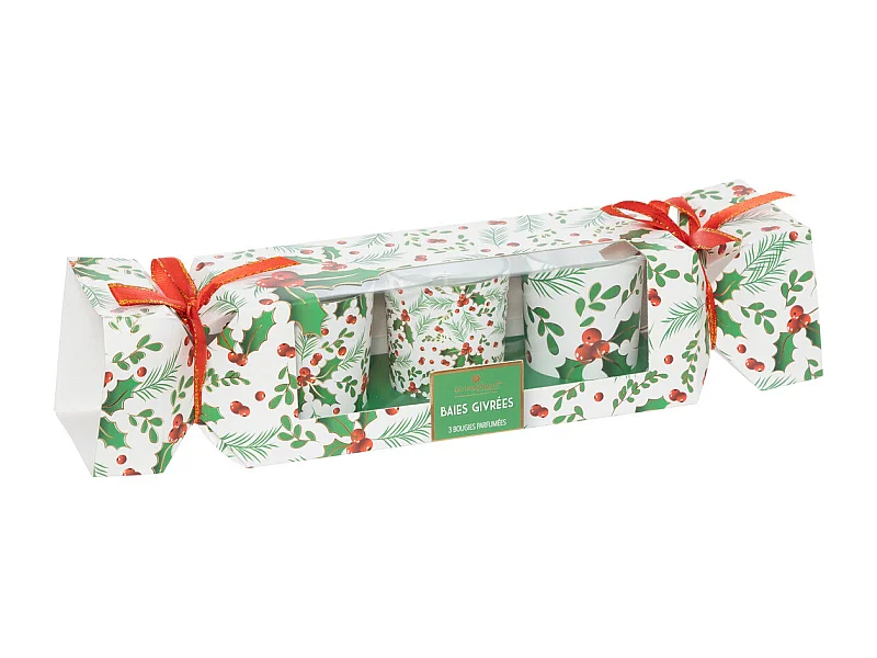 Set de 3 Bougies parfumées dans photophore en verre 135G Houx et Baies givrées